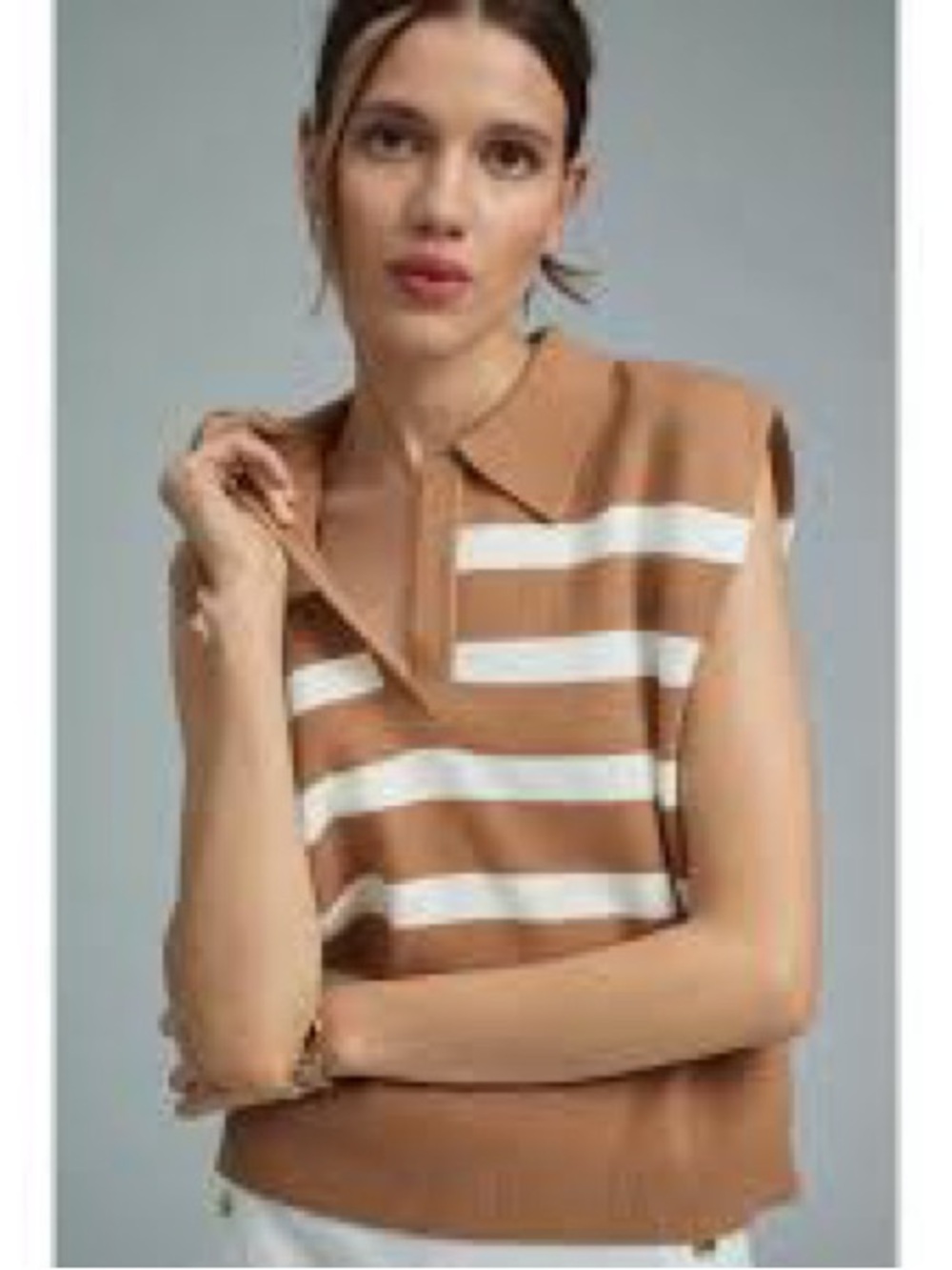 Anthropologie Maeve Tan & White Striped Sleeveless V-Neck Sweater